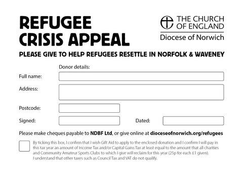 Donations envelopes for the Refugee Crisis Appeal